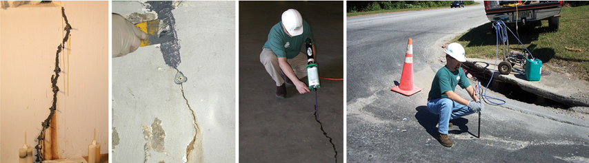Dwyer's team filling cracks with polyurethane and epoxy injection fills to seal cracks in concrete.
