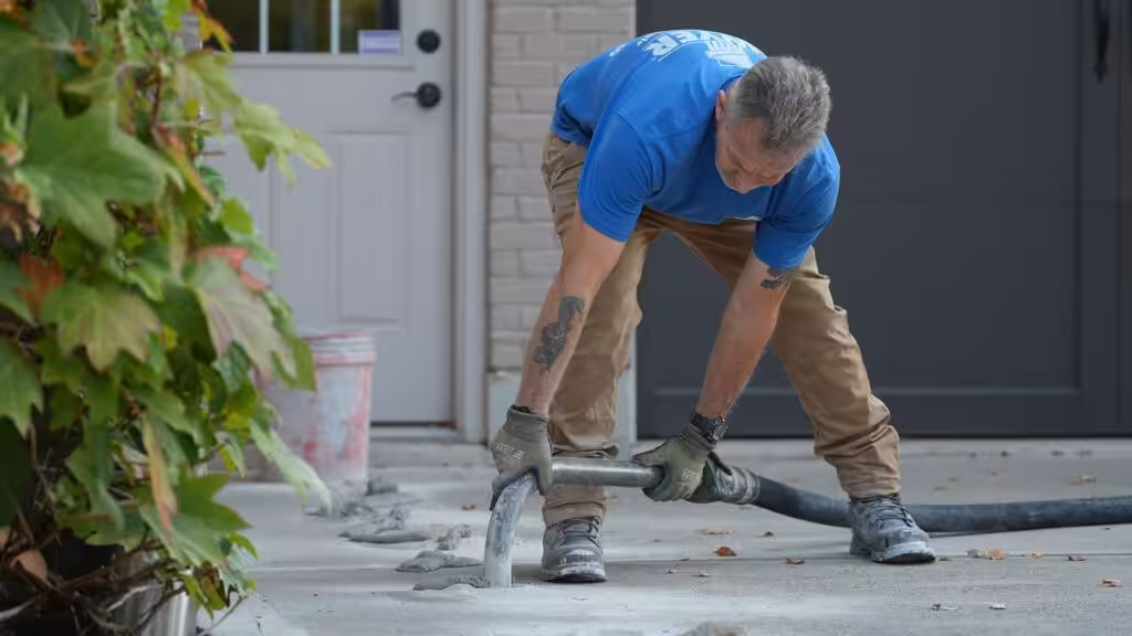 A zoom in of a worker using a tool to lift concrete in a residential driveway