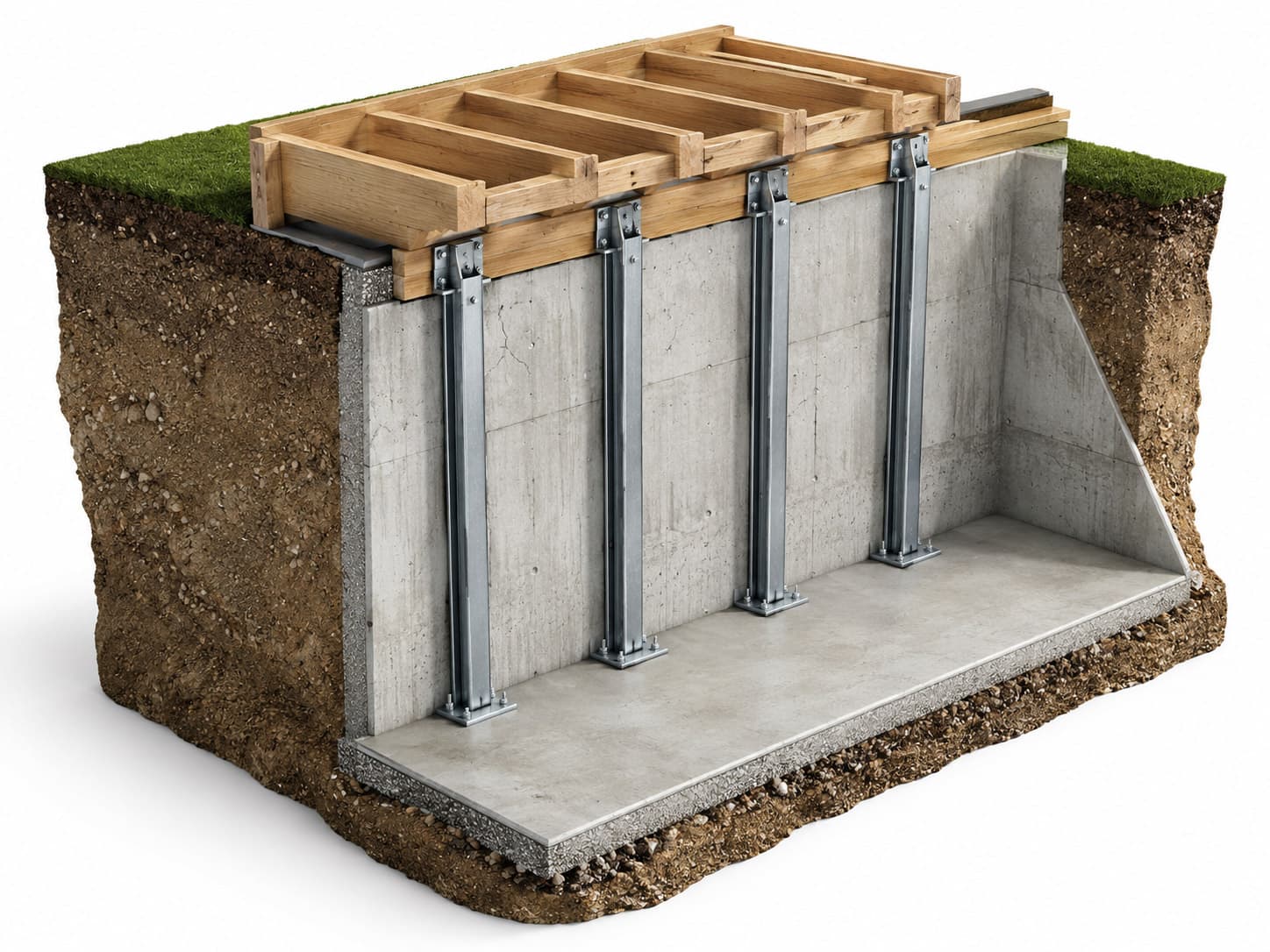 A graphic demonstration of how a steel pilaster system works for foundation repair